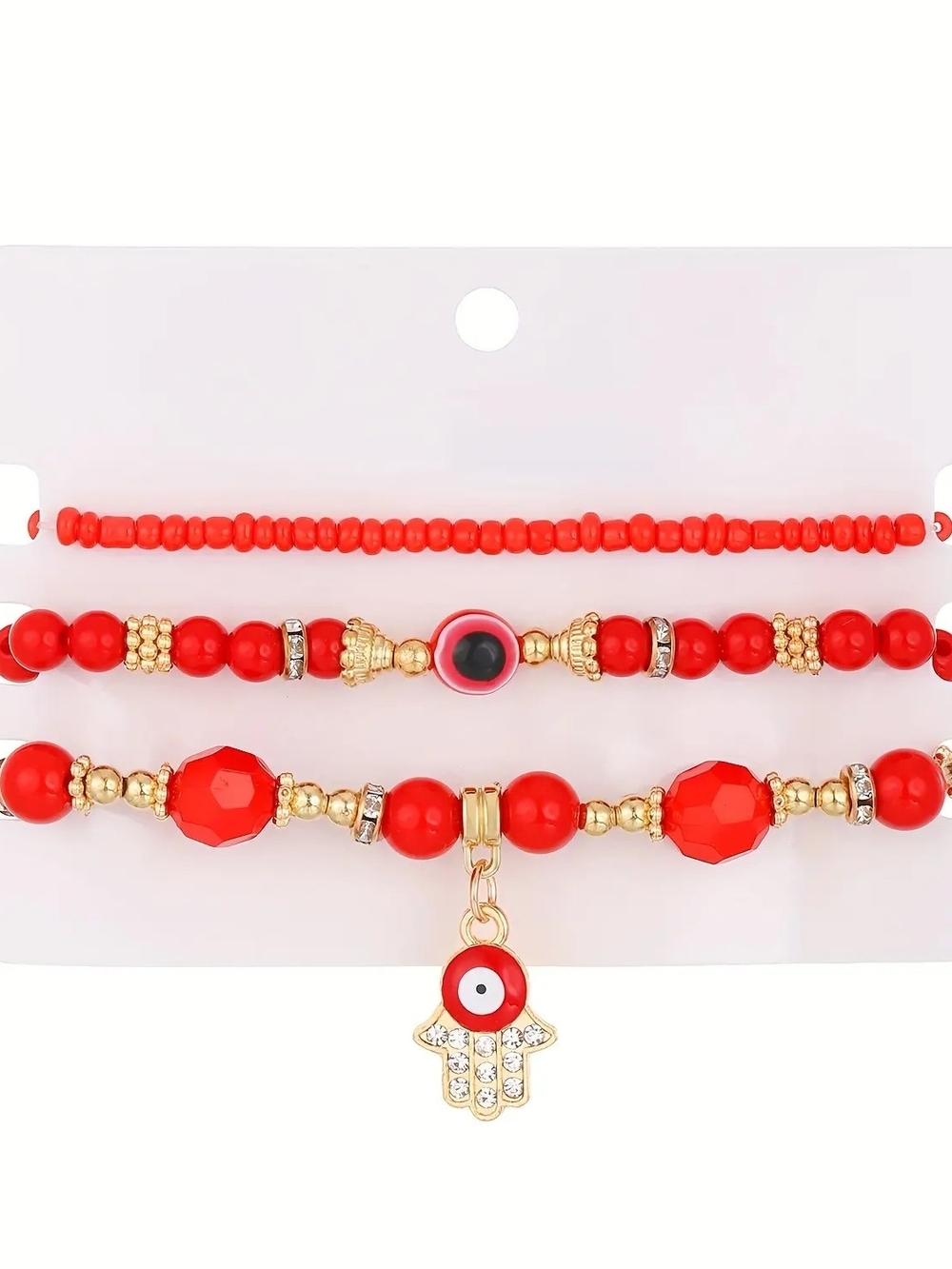3pc Red Beaded Hamsa Charm Bracelet Set - Women's Jewelry
